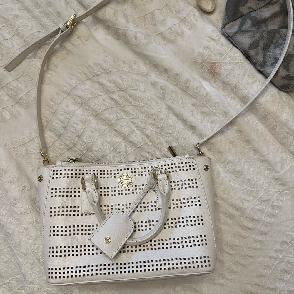 Tory Burch Robinson Saffiano Ivory Perforated Double Zip Tote Handbag